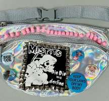 Silver Gray Grey Iridescent Metallic Holographic ‘Misfits’ Punk Band Patch Spiked Studded Fanny Pack Waist-Bag Belt-Bag Purse ⛓️🔪