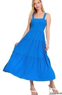 Zenana Womens 1X Blue SMOCKED TIERED MIDI DRESS Sleeveless Solid