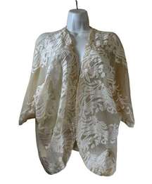 Reba Blouse Topper Size M, Cream BOHO Floral Embroidered Mesh Open‎