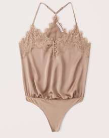 Abercrombie and fitch brown lace trimmed spaghetti strap satin bodysuit 