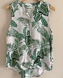 C&C CALIFORNIA 100% linen floral tropical green boho button sleeveless top
