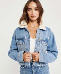 Abercrombie Cropped Trucker Jacket Sherpa Collar Medium Wash