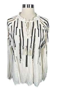 Free The Roses White Long Sleeve Sequined Peasant Top - Size Large