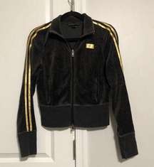 Victoria’s Secret Black Velour Gold Stripe Y2K Zip Up Track Jacket Size Small