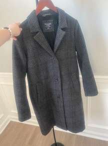 Grey Plaid Wool Blend Long Coat