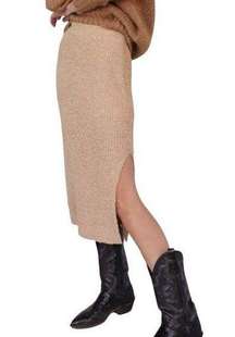 All Row Medium Knit Midi Skirt with Slits Elastic Waist Tan Camel Lined