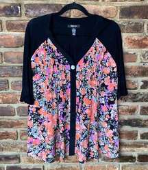 Style & Co Black Floral 3/4 Sleeve Button Down Top Women's Size Medium