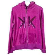 Kardashian Kollection Velour Hoodie Womens Size M Pink KK Sequined Logo Zip Up