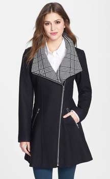 Glen Plaid Detail Skirt Wool Blend Coat