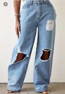 s Shape Light Blue High Waist Ripped Wide Leg Jeans