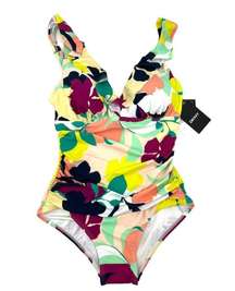 DKNY Ruffled Floral Underwire Women’s One Piece Swimsuit Navy Multi 14 NEW
