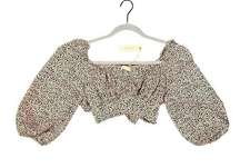 O. Vianca Leopard Tie Back Long Balloon Sleeve Bralette Crop Top Size Small NWT