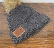 Love Your Melon Women's Grey One Size Knit Cuffed Brown Patch Pom-Pom Beanie Hat