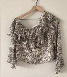 Rebecca Minkoff floral asymmetrical shoulder long sleeve blouse w/ruffle - sz S