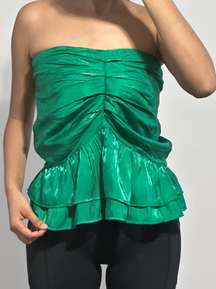 metallic emerald satin strapless top