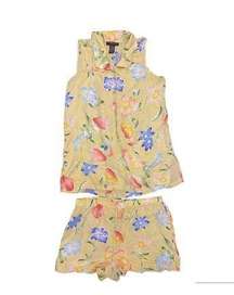 August Silk Intimates Pajama set Size Medium Top & Shorts Floral Design Yellow