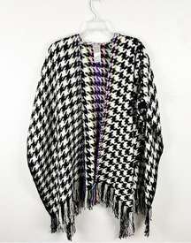 CHICO’S Black And White Houndstooth Multicolored Accent Panel Fringe Poncho, OS