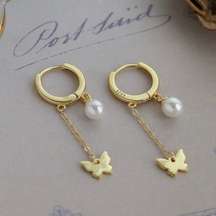 18K Gold Plated Pearl Butterfly Dangle Drop Earrings for Women