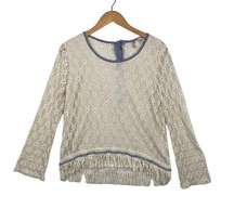 Vintage BKE Cream Lace Crochet Long Sleeve Fringe Hem Sweater Top Size Medium