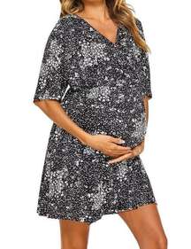 Ekouaer Eleanor Black Floral Maternity Dress Nursing Sleep Shirt Medium