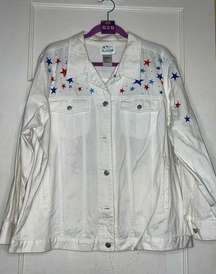 Quacker Factory Women’s Size 1X Patriotic Denim Jacket • White Angel Stars GUC