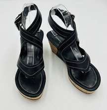 Donald J Pliner Leather Alma-01 Black 3" Wedge Platform Sandals Ankle Wrap 7.5M