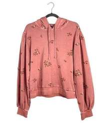 NWT Driftwood Floral Embroidred Hoodie Sweatshirt in Mauve Puff Sleeve Large