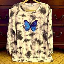 First Love gray / white tie dye sweatshirt w blue butterfly. NWOT M