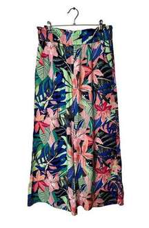 Loft Women Medium Linen Tropical Pants High Rise Colorful Floral Resort Wide Leg