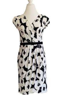 NY&Co Dress Off White Black Floral Cap Sleeves Faux Wrap Dress Size Small