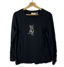 Quacker Factory Black Rhinestone Cat Crewneck Long Sleeve T-Shirt M