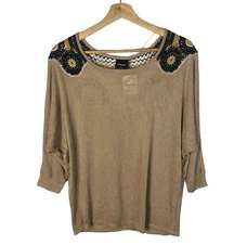 Wallpapher Taupe Light Brown Floral Shoulder Short Sleeve Blouse S