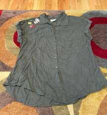 Olive Green Short Sleeve Floral Oversized Button Down Shirt Medium