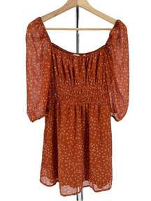 Row A Rust Mini Floral Smocked Waist Elbow Sleeve Mini Dress size Medium