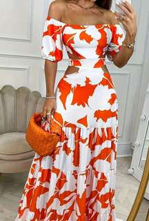 Orange & White Floral Cutout Dress