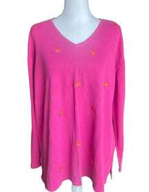 The Quacker Factory Pumpkin Embroidered Sweater Pink Long Sleeve Womens Size XL