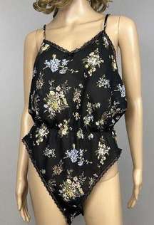 Vintage Petra Fashions Teddy Bodysuit Lingerie Size Large Sheer Black Floral USA