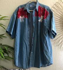 90s  and red denim short sleeve shirt with hand embroidery and bow detailing. 100% COTTON