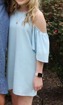 light blue off the shoulder dress