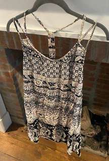 Angie Black White Mini Dress Strappy 100% Rayon Aztec Design Summer Lightweight