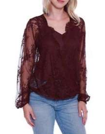 Taylor & Sage Maroon Lace Romantic Long Sleeve Surplice Top - Medium