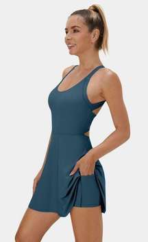 Backless Cut Out Twisted Side Pocket 2-in-1 Mini Barre Ballet Dance Dress in Majolica Blue