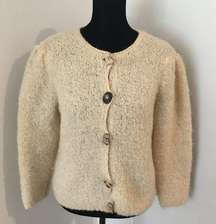 MOON GRAY Vintage Off White Boucle Knit Sweater Cardigan Wood Buttons Medium 4