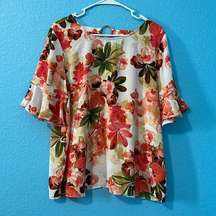 #136 EST. 1946 multi floral, ruffle sleeve top.