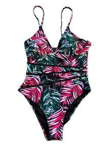 Beachsissi NWT One Piece Swimsuit Size Large Black Pink Green Tropical Palm