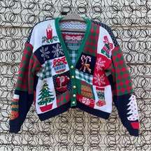 Y2K Sweater Loft Ugly Christmas Holiday Cardigan Patchwork Americana red green