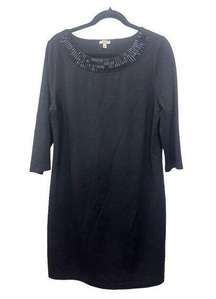 Talbots Women's Black Knee Length Dress 3/4 Sleeve Beaded Neckline Size L
