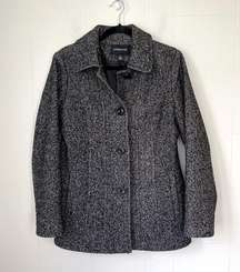 London Fog Black & White Wool Blend Herringbone Tweed Button Coat ~ Women’s Sz M