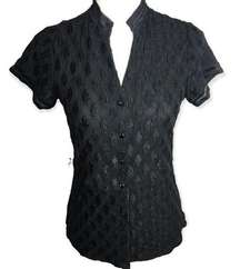 Alfani Black Short Sleeve Lace Button Up Blouse