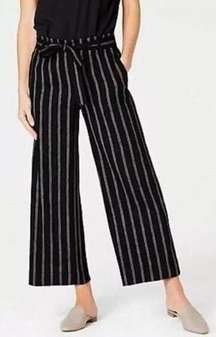 J Jill Pants Womens L Black Tan Stripe Linen Stretch Crop Wide Leg Paper Bag Tie